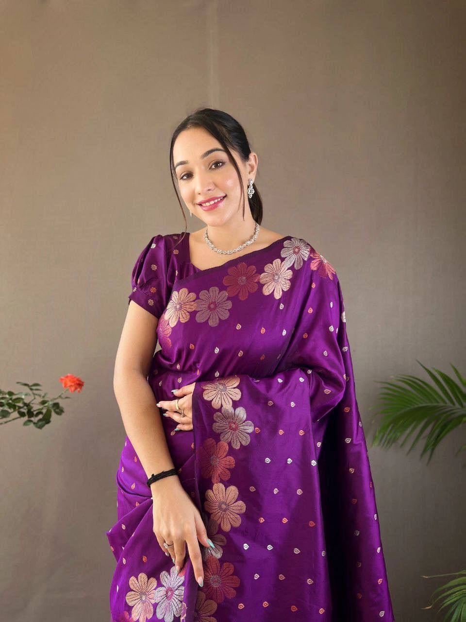 Purple Silk Saree with Floral Brocade Work and Zari Dots