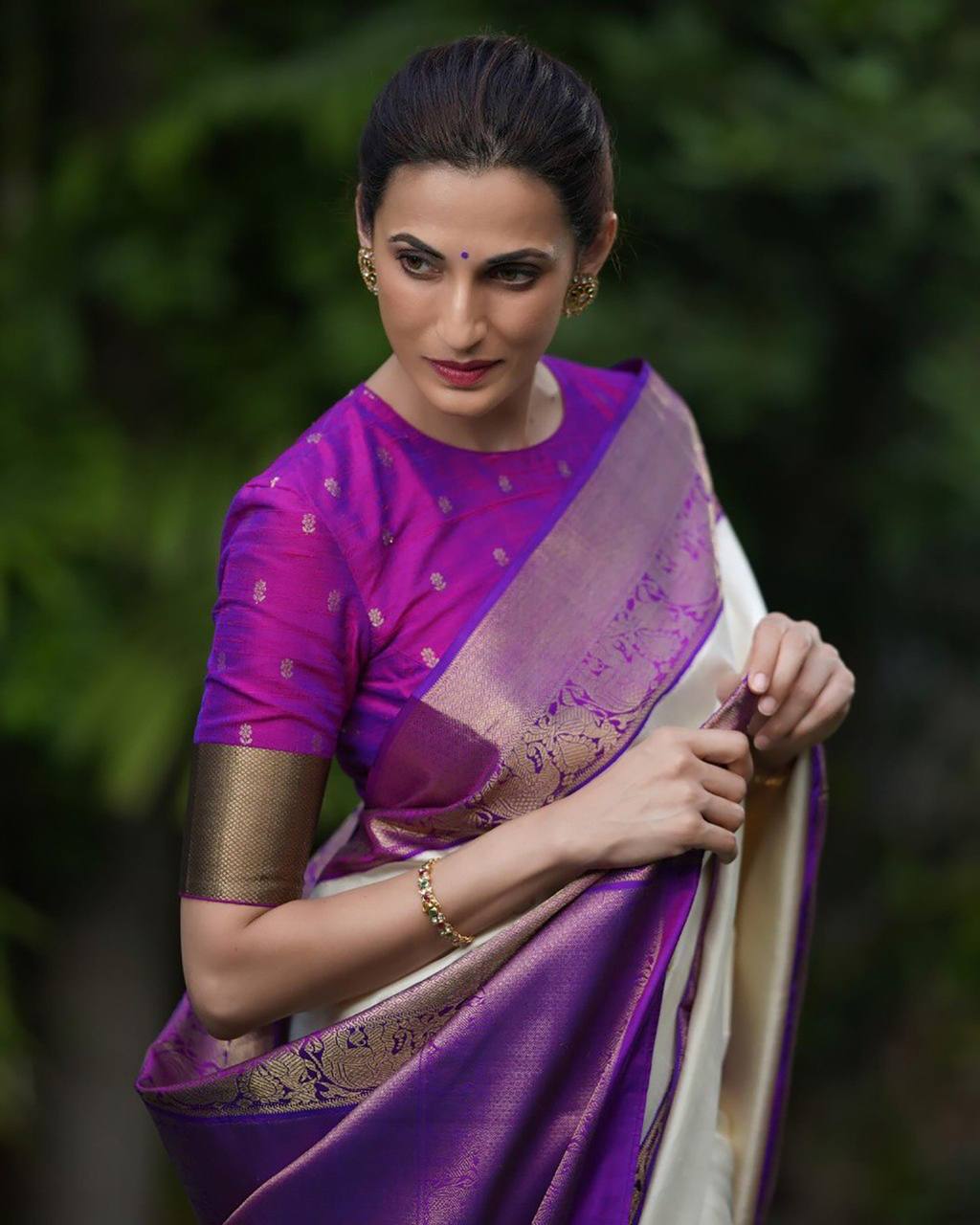 Elegant Off White Silk Saree with Purple Zari Border and Blouse