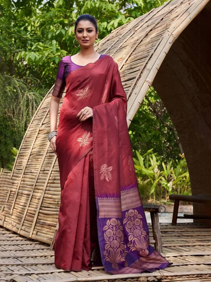 Maroon Banarasi Silk Saree with Purple Zari Border and Floral Motifs