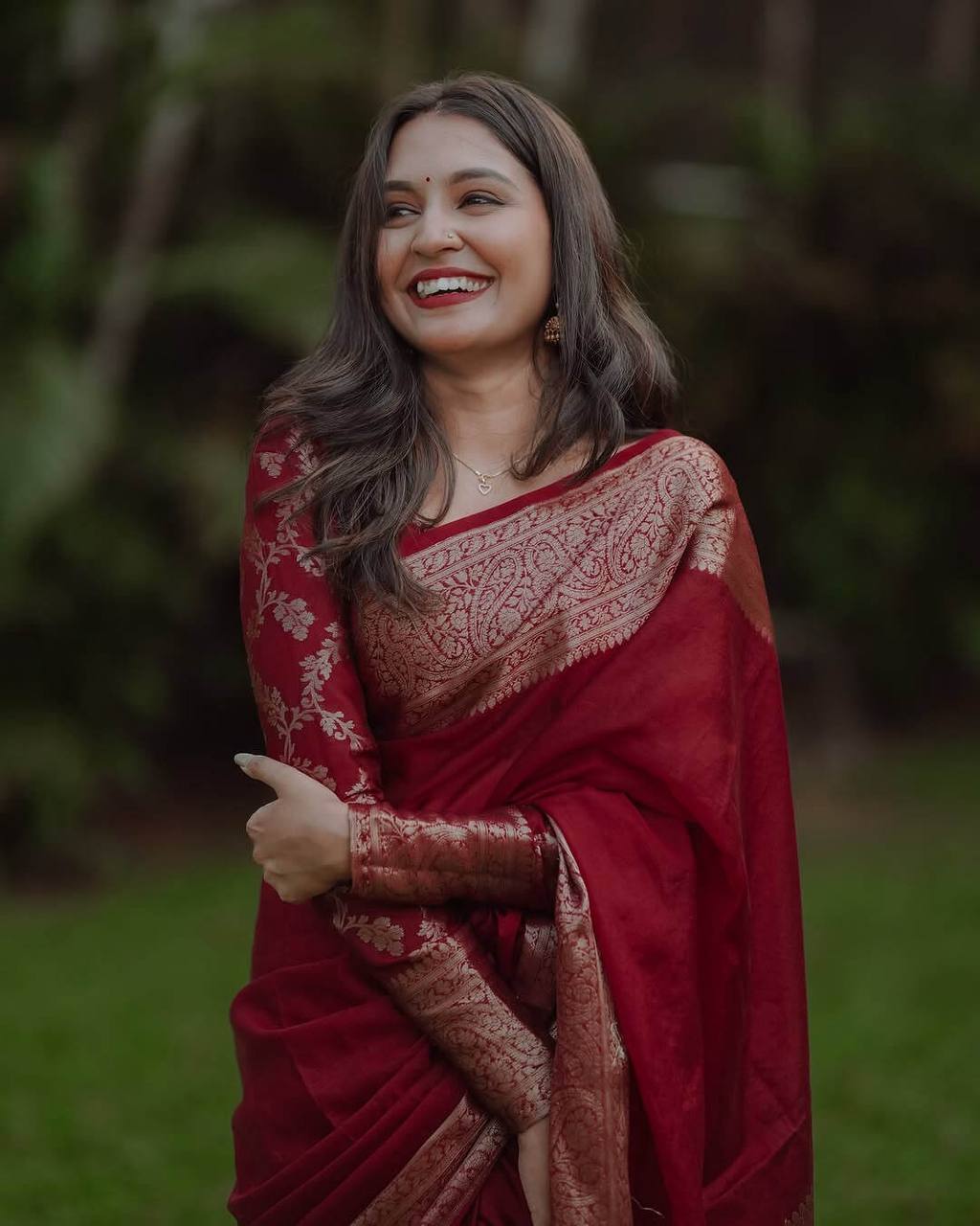 Elegant Red Banarasi Silk Saree with Golden Zari Border