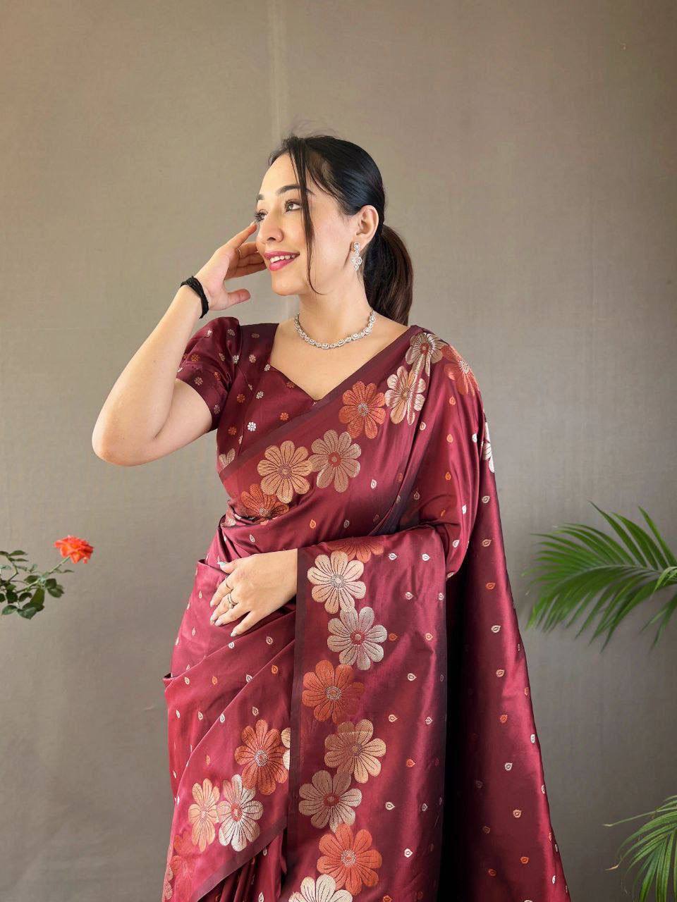 Maroon Floral Printed Silk Saree with Polka Dots