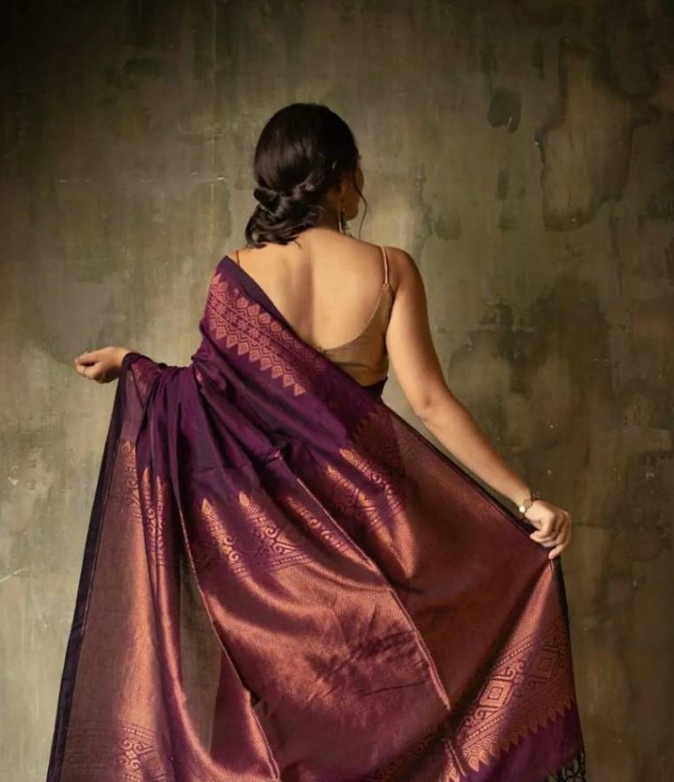 Deep Purple Silk Saree with Rose Gold Zari Border