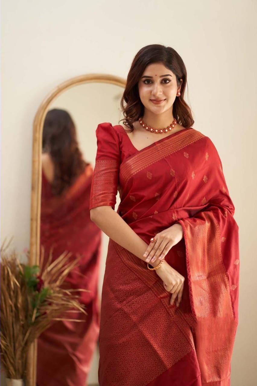 Elegant Red Silk Saree with Golden Border and Zari Work
