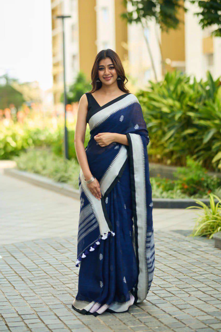 Navy Blue Handloom Saree with Silver Border and Contrast Black Blouse