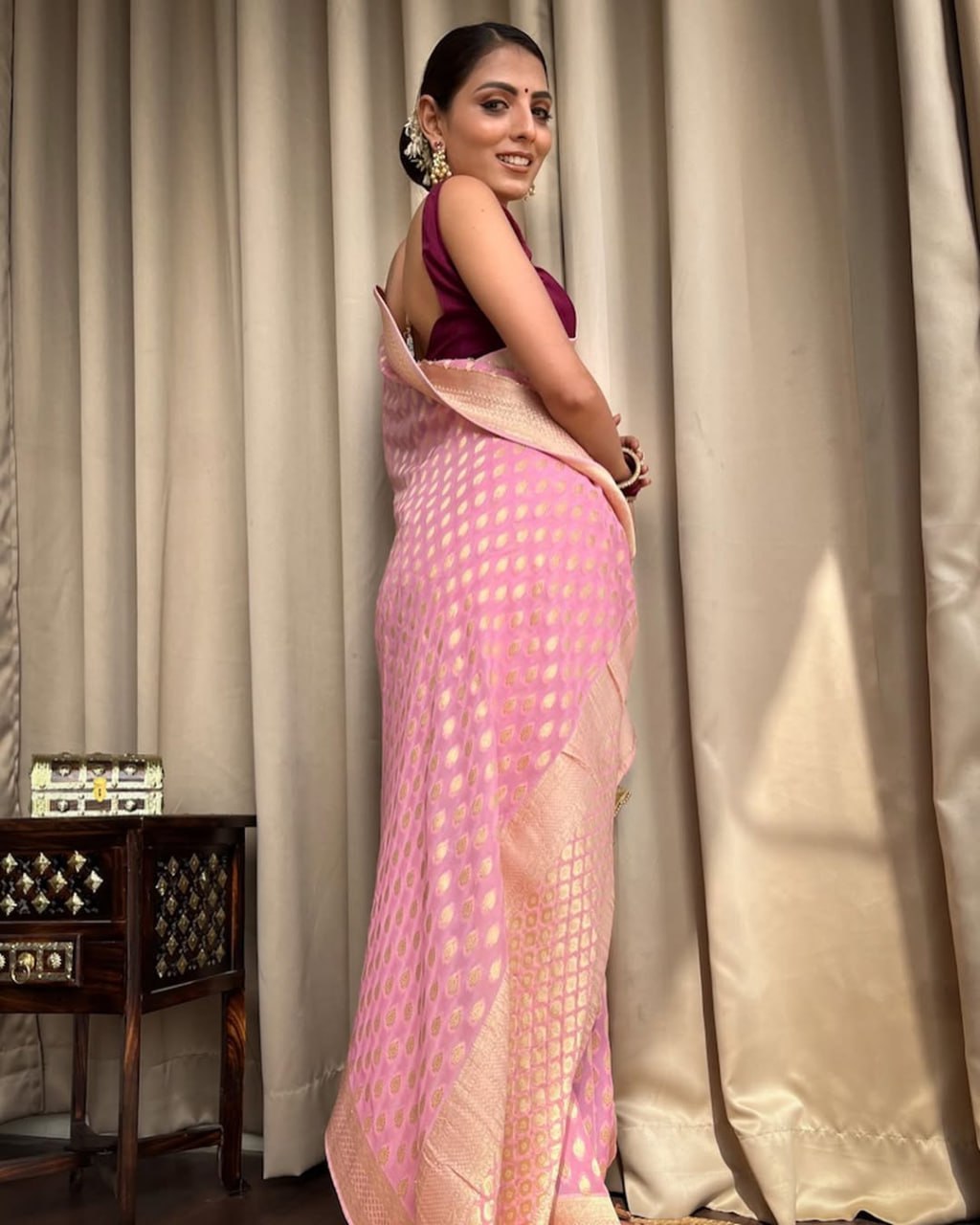 Pink Banarasi Silk Saree with Golden Zari Work