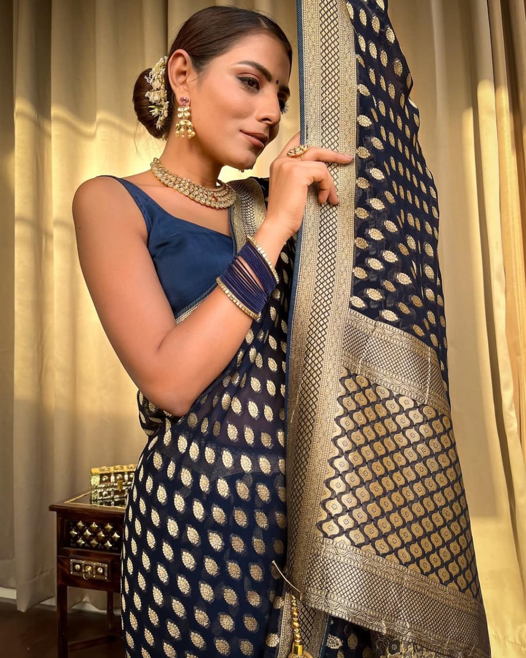 Navy Blue Banarasi Silk Saree with Golden Zari Weaving and Border