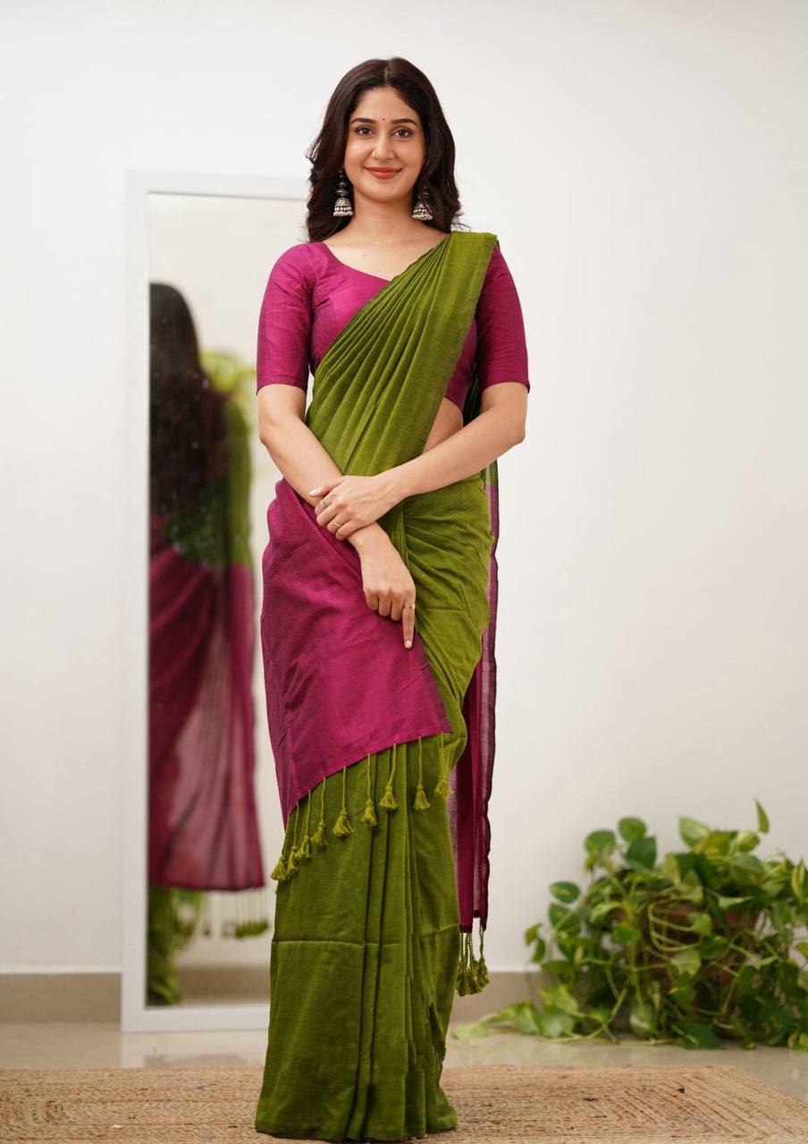 Elegant Olive Green Saree with Magenta Border and Blouse