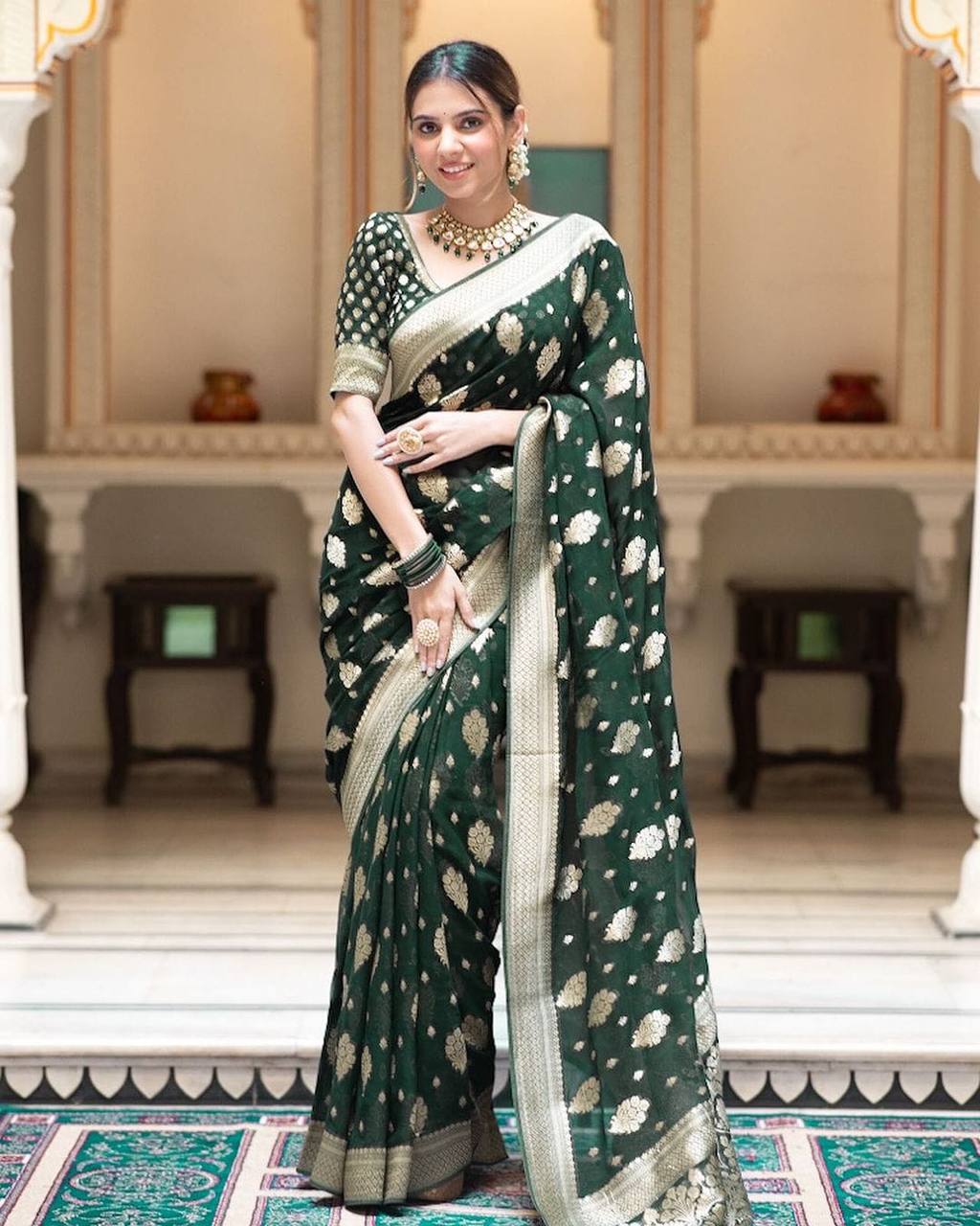 Elegant Green Banarasi Silk Saree with Gold Zari Work