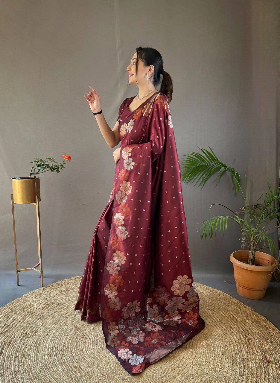 Maroon Floral Printed Silk Saree with Polka Dots