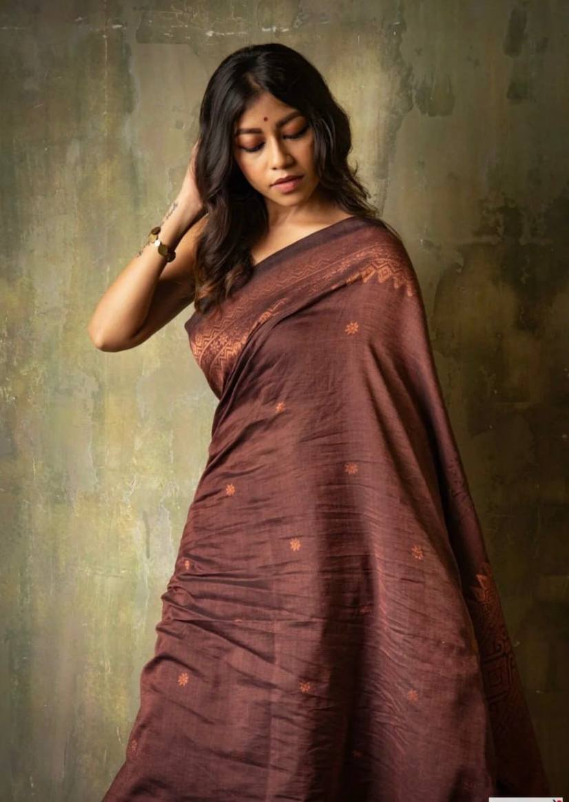 Elegant Chocolate Brown Silk Saree with Golden Zari Border