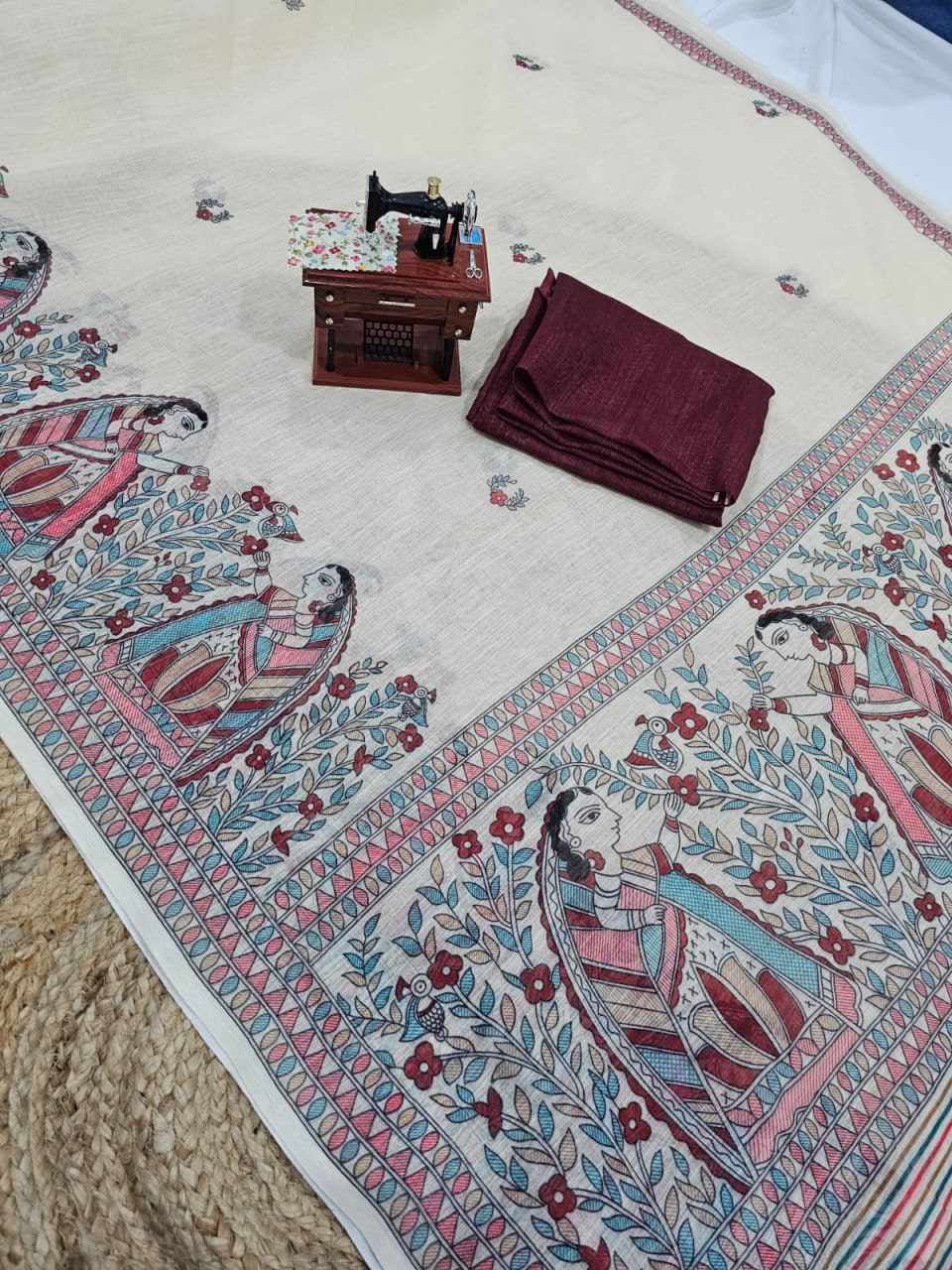 Women's Cream Cotton Digital Print Saree with Designer Border & Printed Blouse