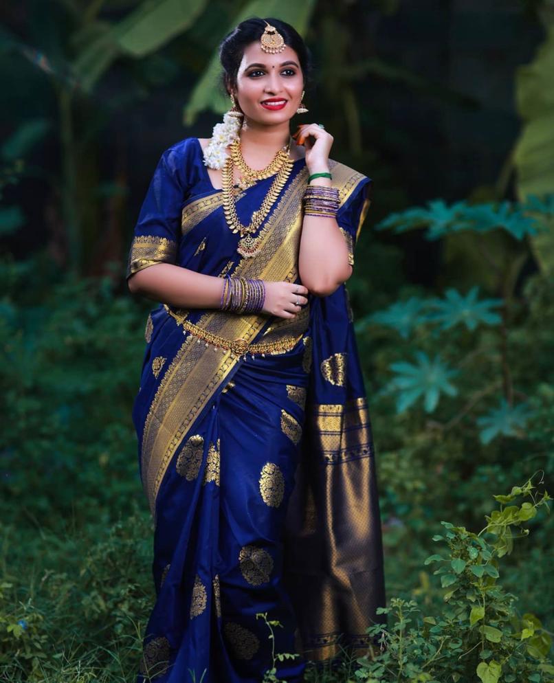 Royal Blue Kanjivaram Silk Saree with Golden Zari Motifs and Border