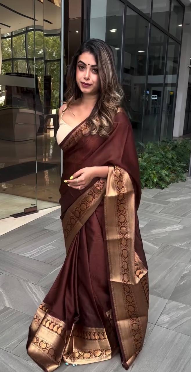 Brown Silk Saree with Gold Zari Border and Pallu