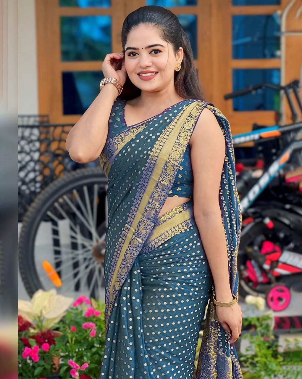 Elegant Teal Blue Polka Dot Silk Saree with Gold Border