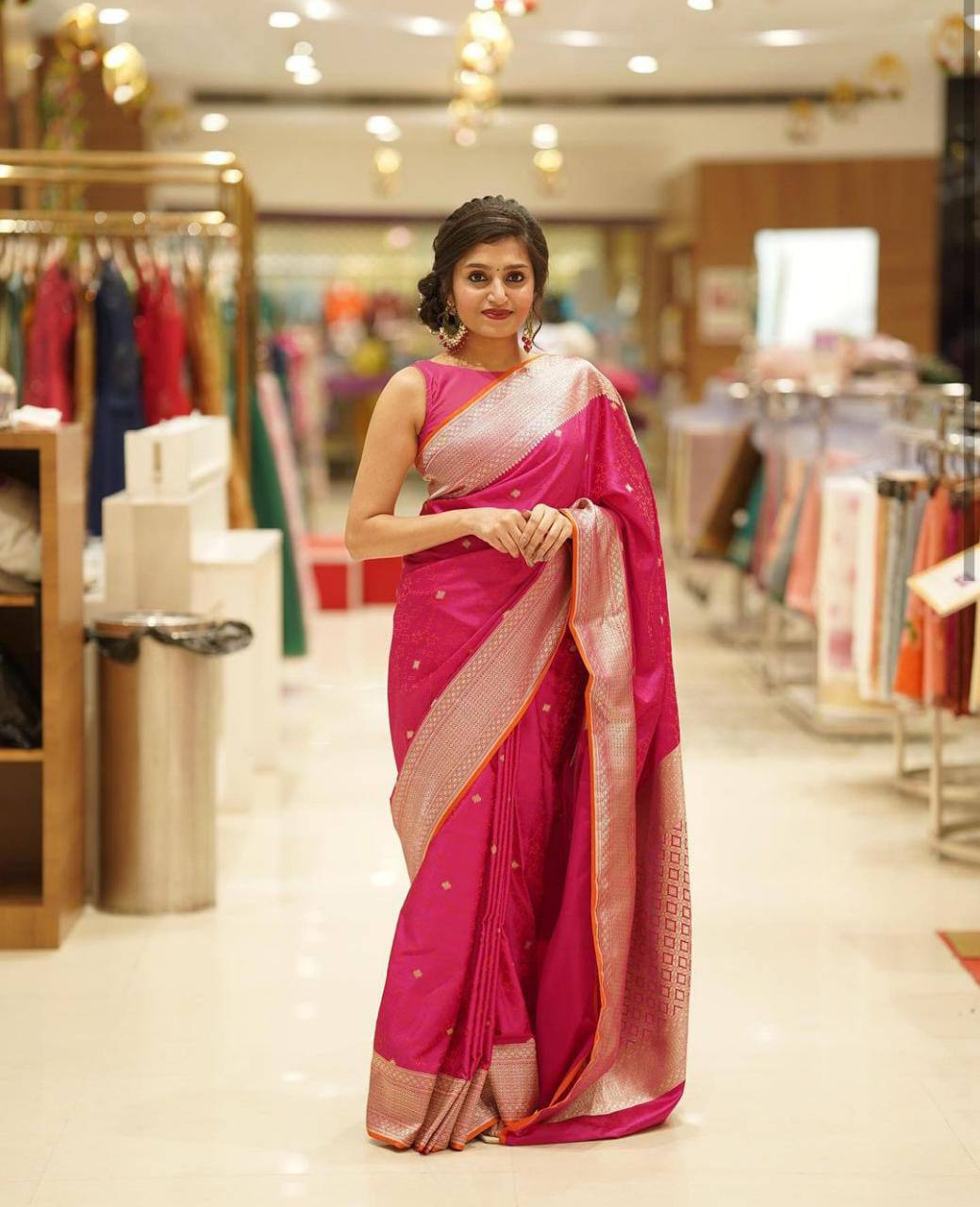 Pink Silk Saree with Golden Zari Border and Buti Work