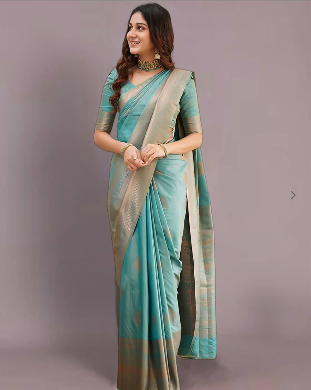 Turquoise Blue Silk Saree with Golden Zari Border