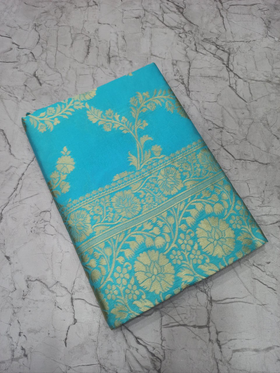 Turquoise Blue Banarasi Silk Saree with Gold Zari Work