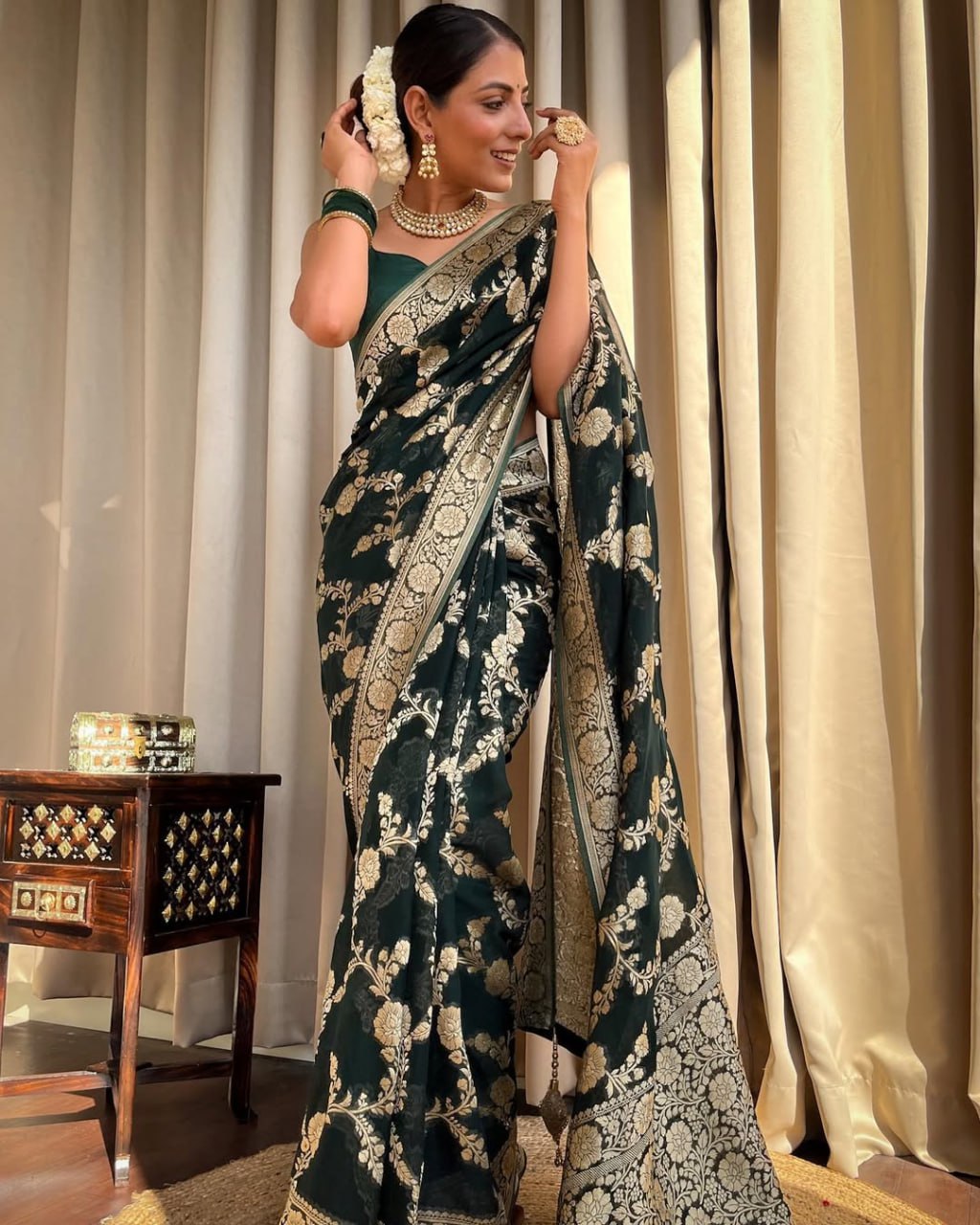 Black and Gold Banarasi Silk Saree with Floral Zari Work