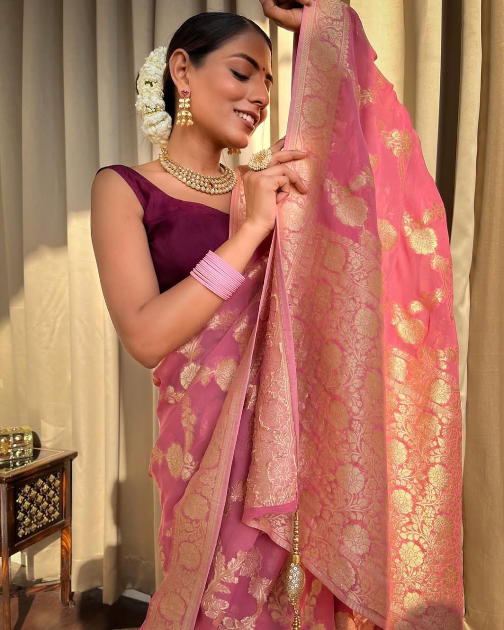 Pink Banarasi Silk Saree with Gold Zari Work and Maroon Blouse