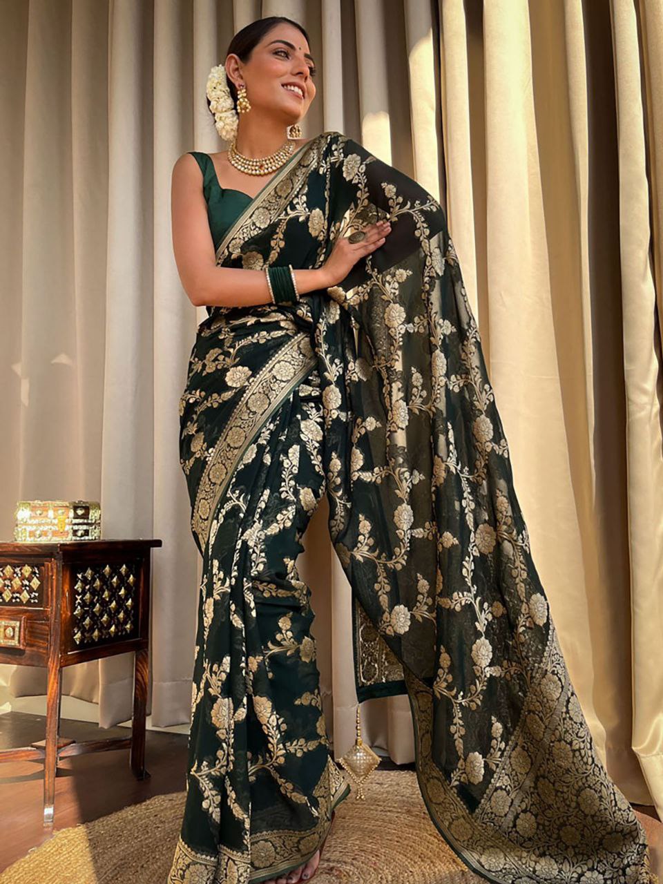 Black and Gold Banarasi Silk Saree with Floral Zari Work