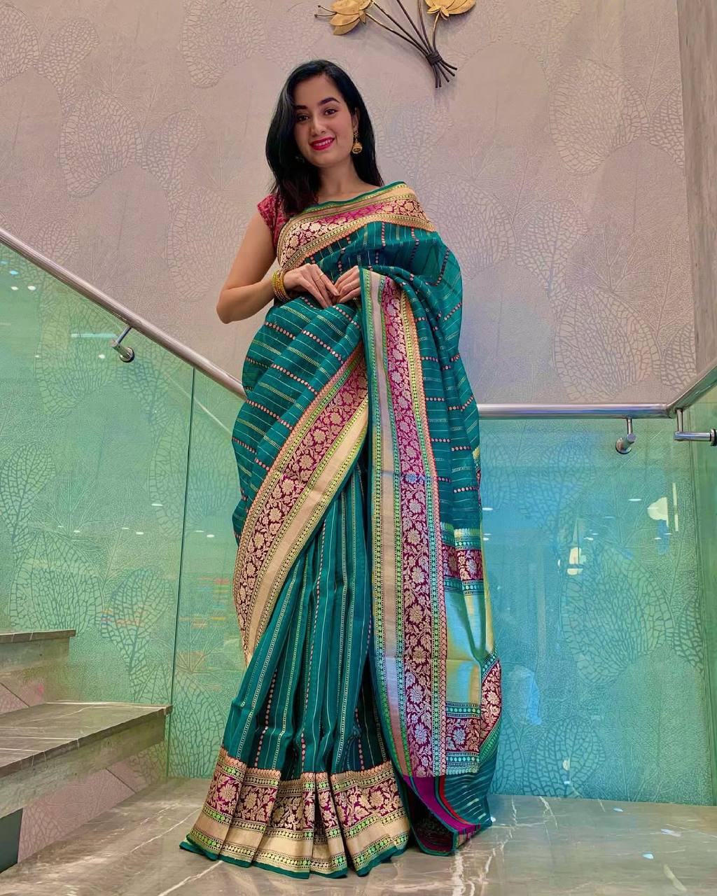 Green Silk Saree with Zari Border and Pink Embroidered Pallu