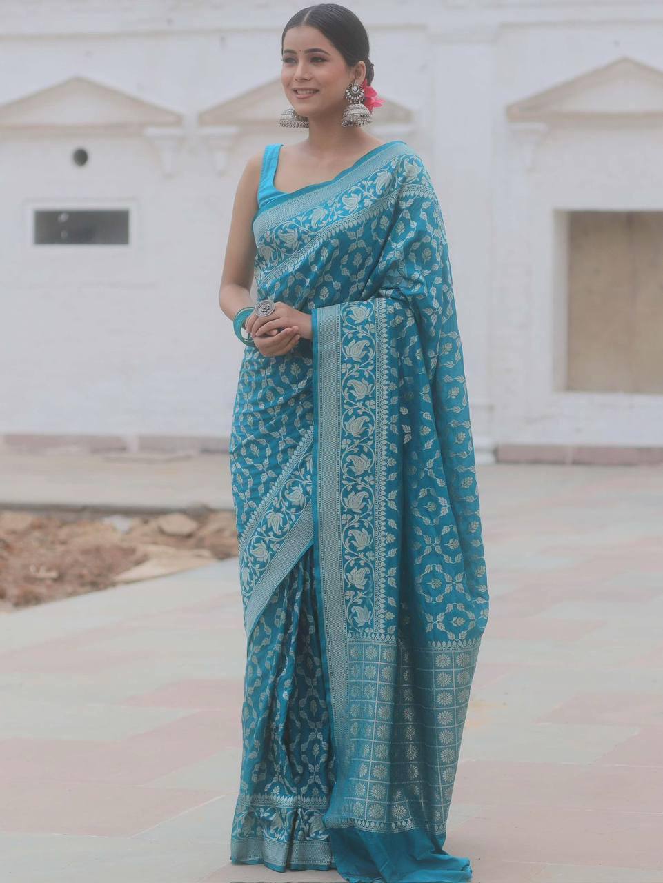 Banarasi Silk Saree in Turquoise Blue with Silver Zari Weaving