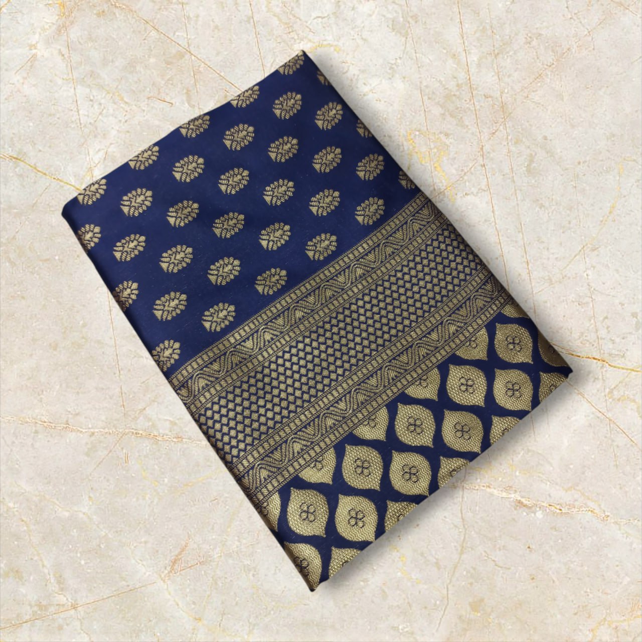 Navy Blue Banarasi Silk Saree with Golden Zari Weaving and Border