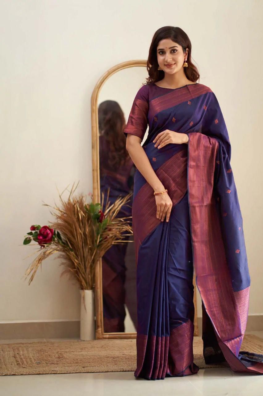 Navy Blue Silk Saree with Maroon Border and Pallu