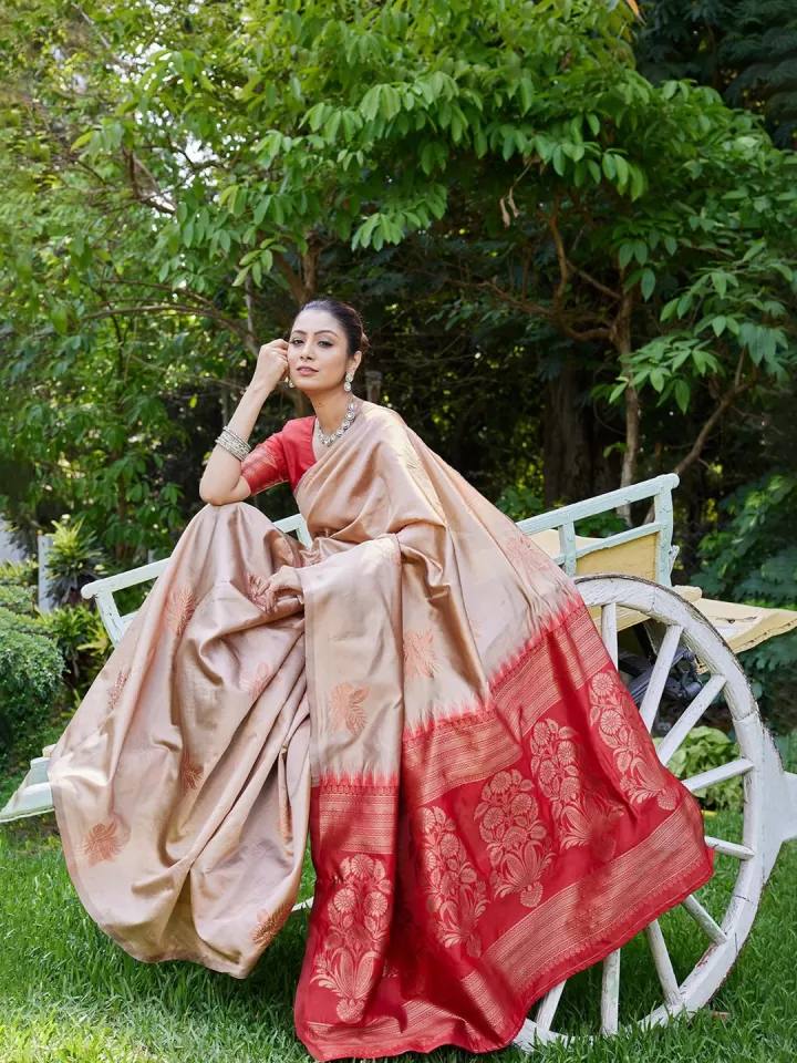 Elegant Beige and Red Silk Saree with Zari Work