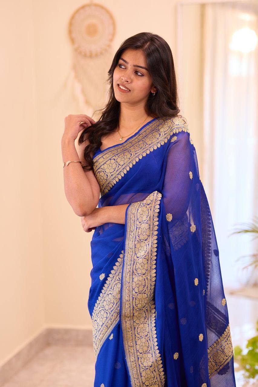 Royal Blue Georgette Saree with Golden Embroidered Border