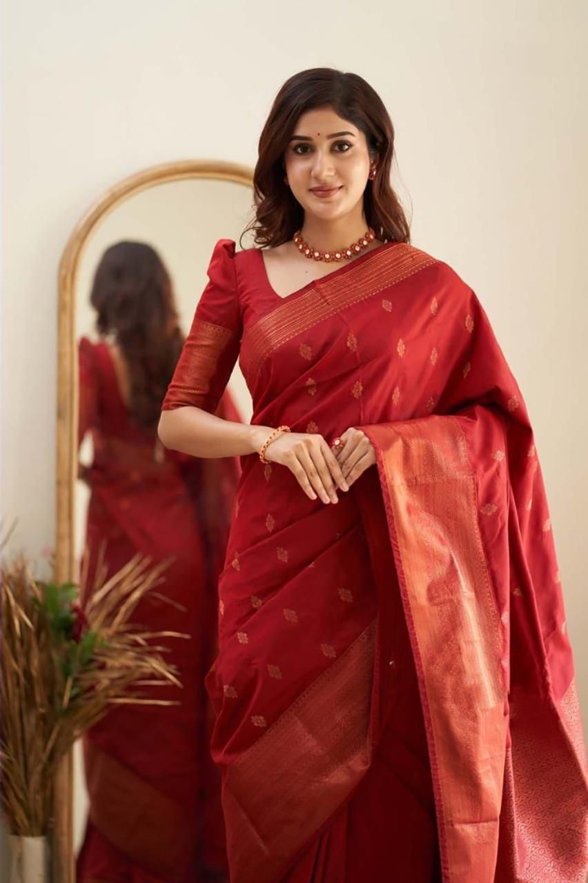 Elegant Red Silk Saree with Golden Border and Zari Work