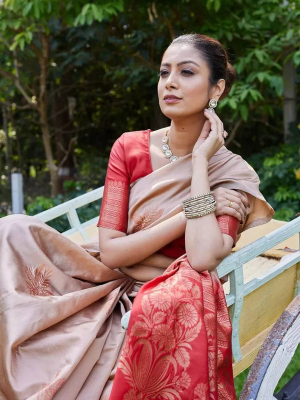 Elegant Beige and Red Silk Saree with Zari Work