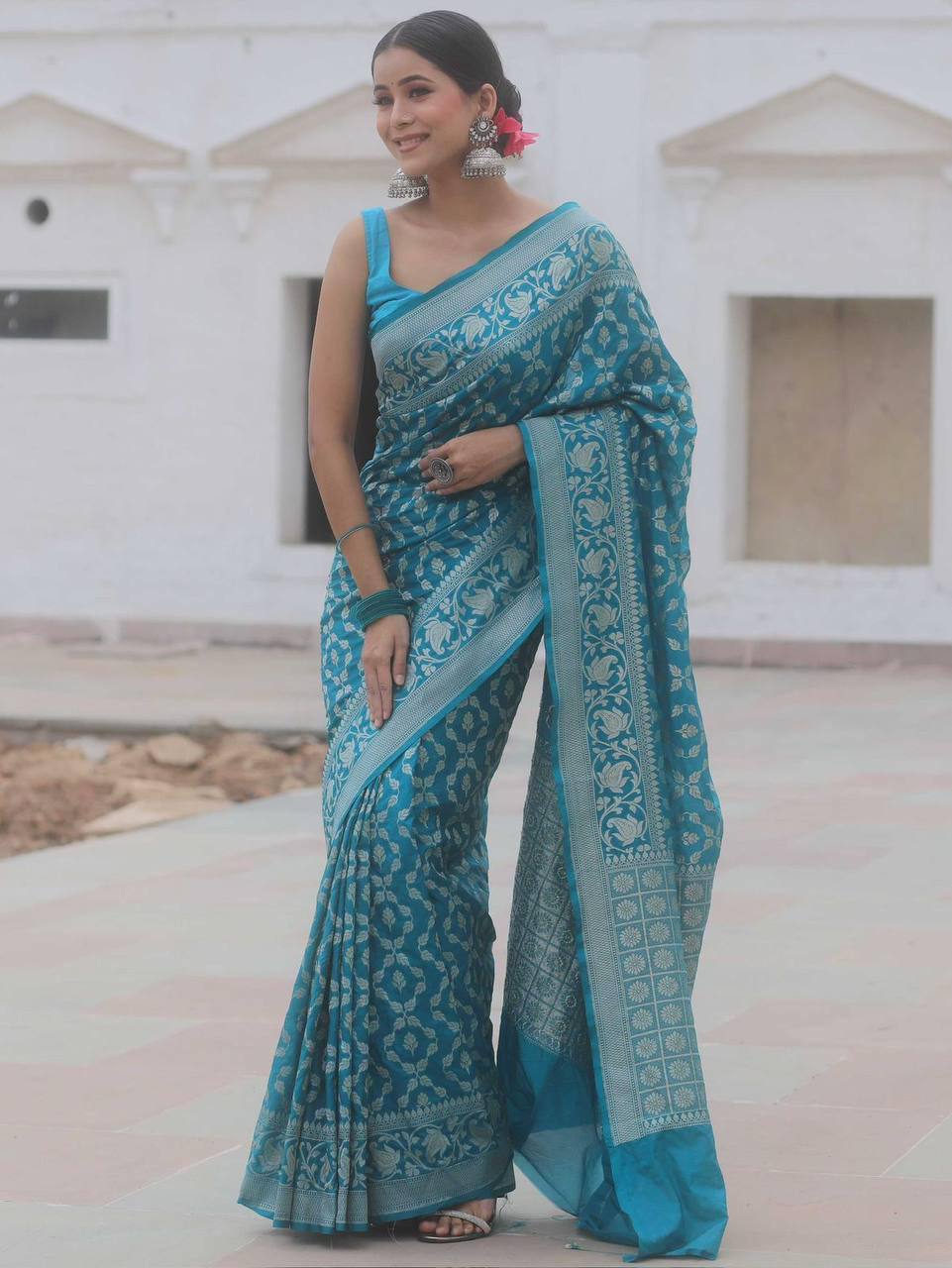 Banarasi Silk Saree in Turquoise Blue with Silver Zari Weaving