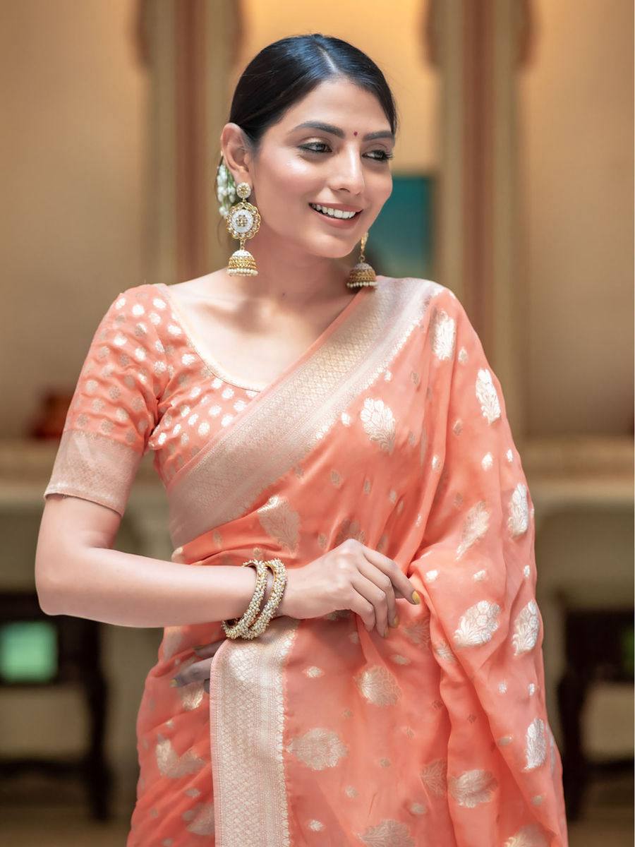 Elegant Peach Banarasi Silk Saree with Golden Motifs
