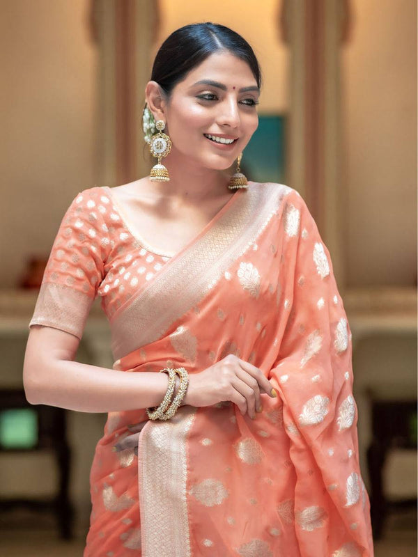 Elegant Peach Banarasi Silk Saree with Golden Motifs