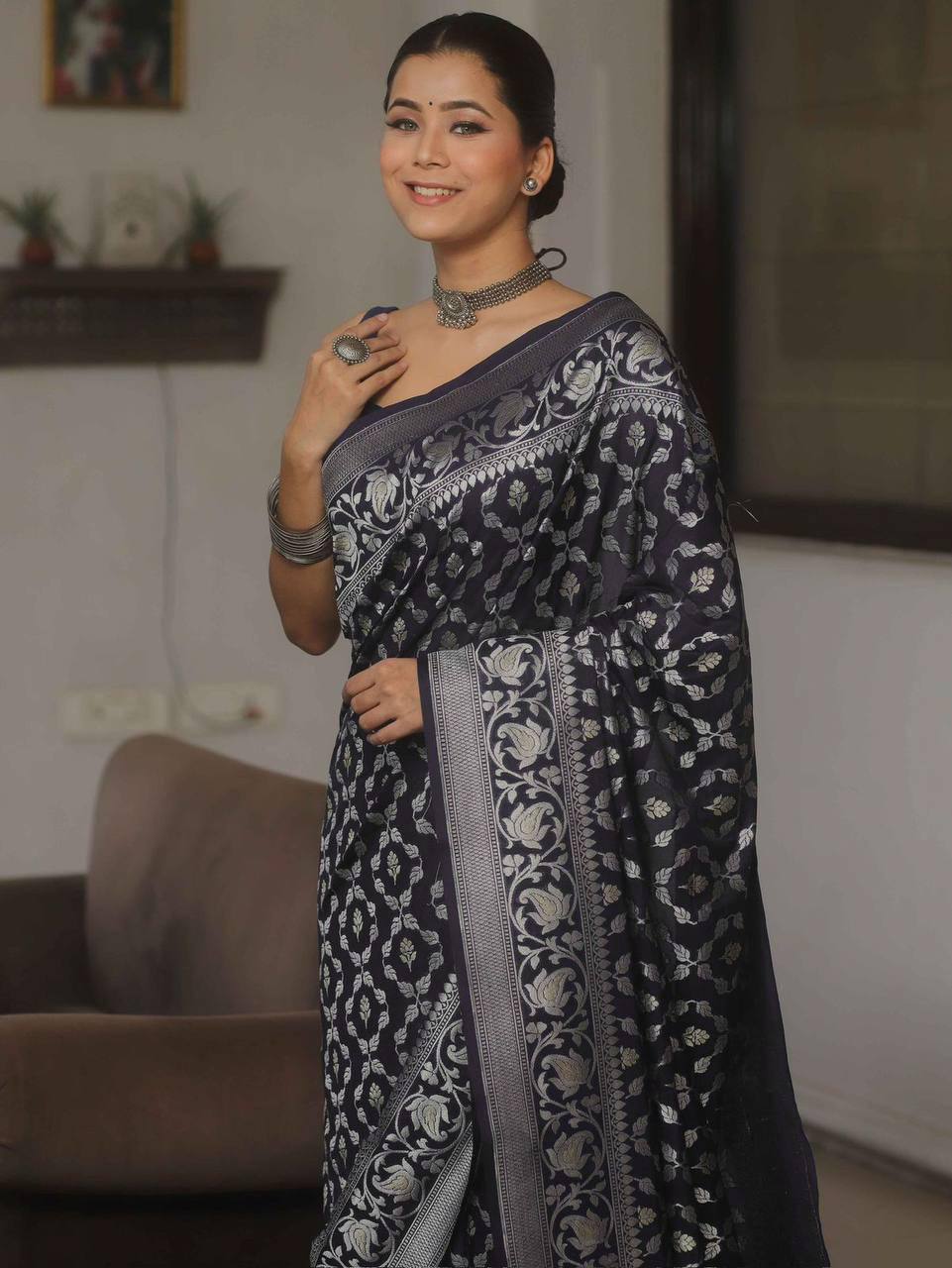 Black Banarasi Silk Saree with Silver Zari Work