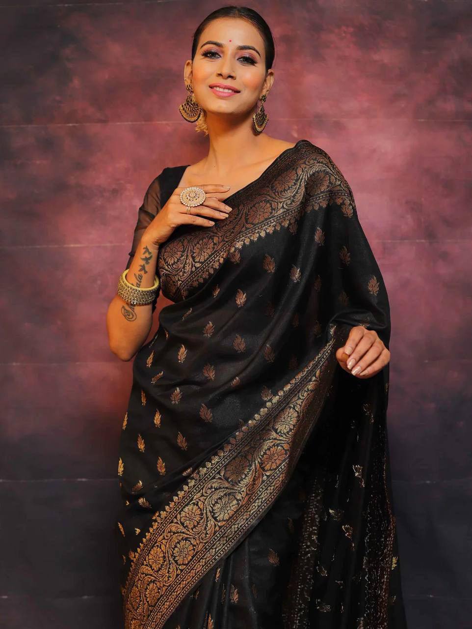 Black Silk Saree with Golden Zari Weaving and Sheer Blouse