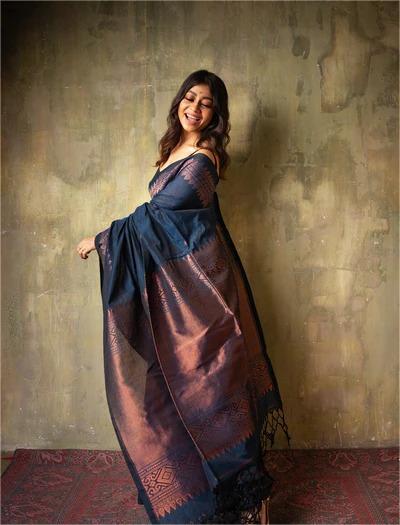 Elegant Navy Blue Banarasi Silk Saree with Copper Zari Border