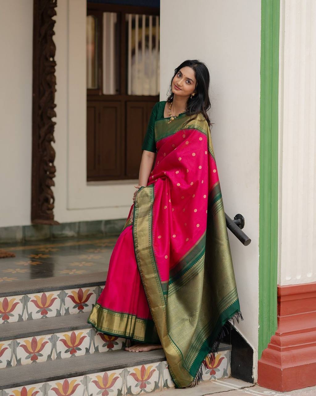 Traditional Pink Silk Saree with Golden Zari Border