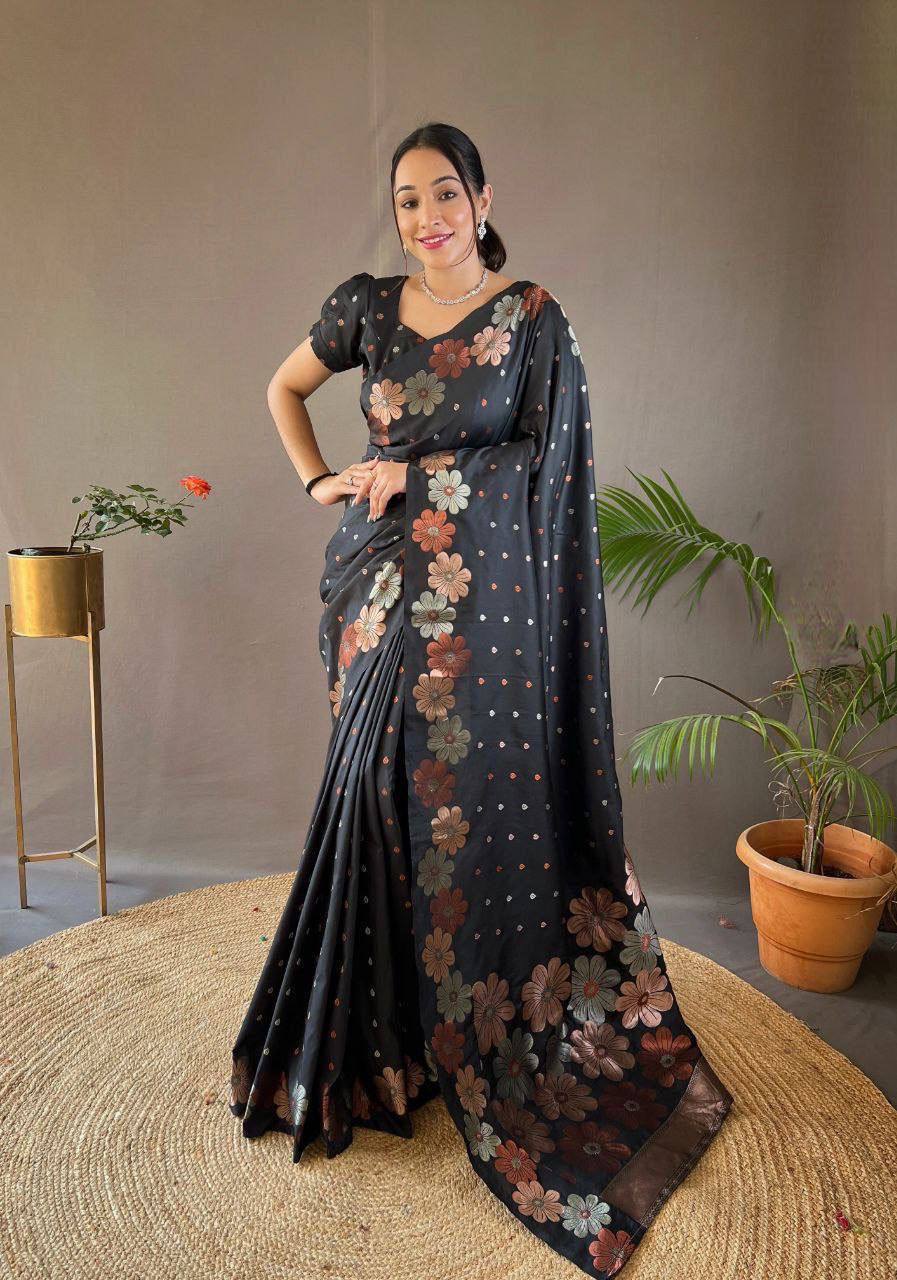 Black Floral Embroidered Organza Saree with Blouse