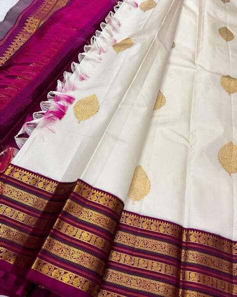 Title: Women's Soft Litchi Silk Saree with Rich Jacquard Work & Contrast Border Blouse – White & Purple