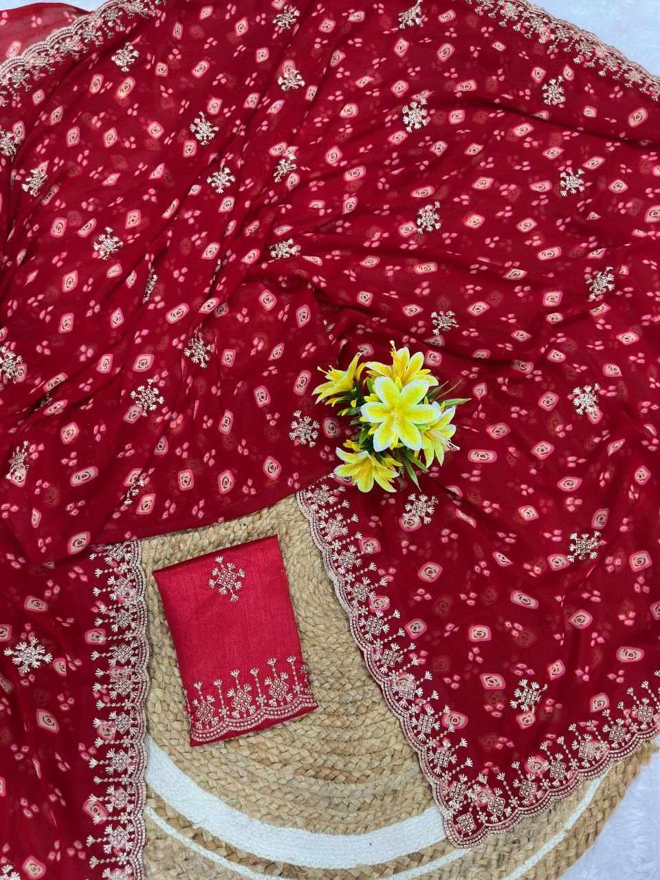 Women's Red Georgette Bandhani Print Embroidered Saree with Matching Mono Silk Blouse