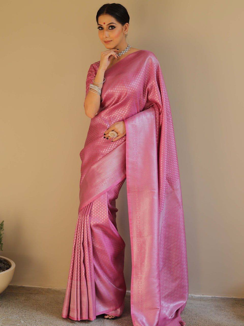 Pink Banarasi Silk Saree with Zari Work