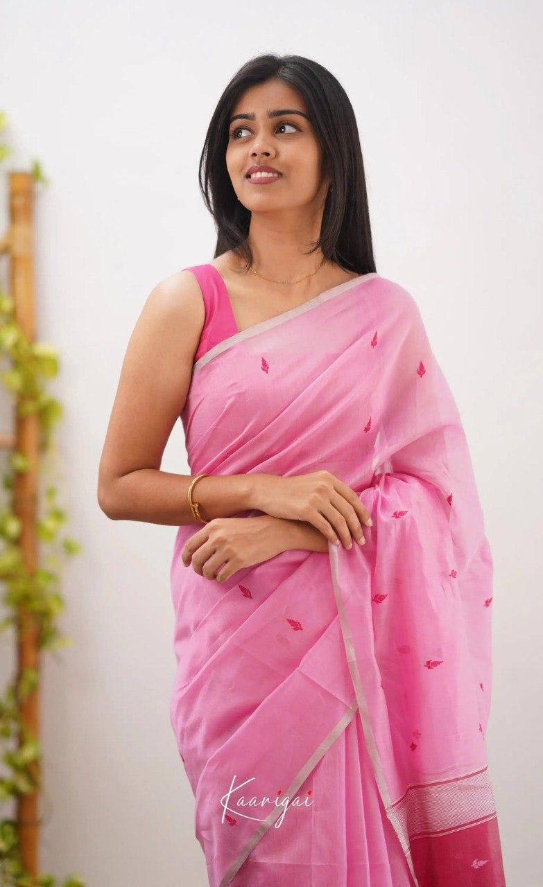 Pink Linen Saree with Embroidered Motifs and Contrast Border