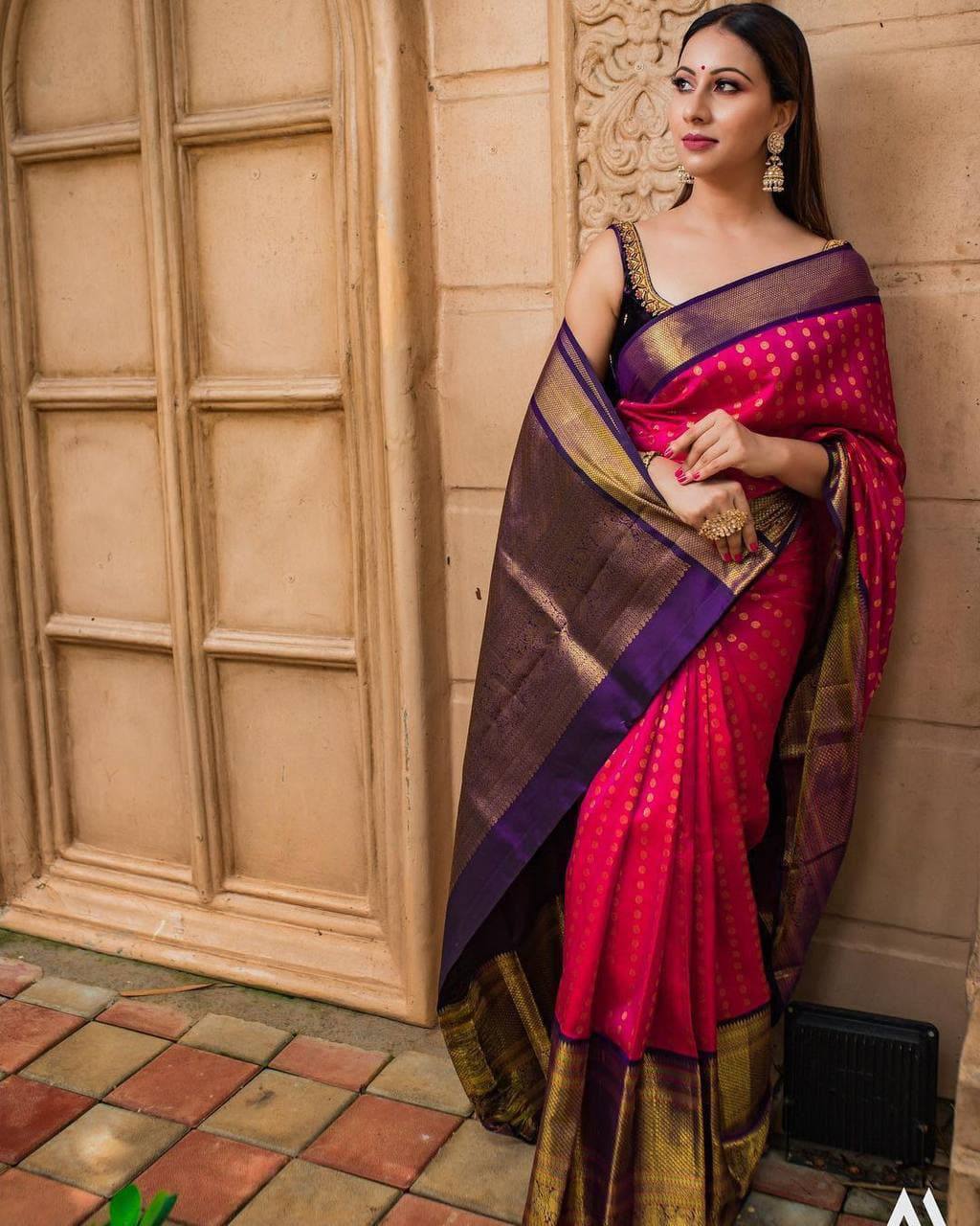 Vibrant Purple and Pink Silk Saree with Zari Border and Matching Blouse Pieces