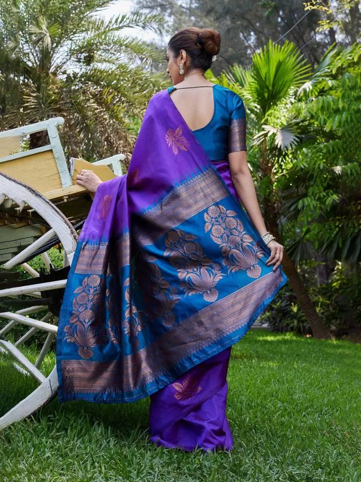 Purple and Blue Kanjivaram Silk Saree with Golden Zari Work