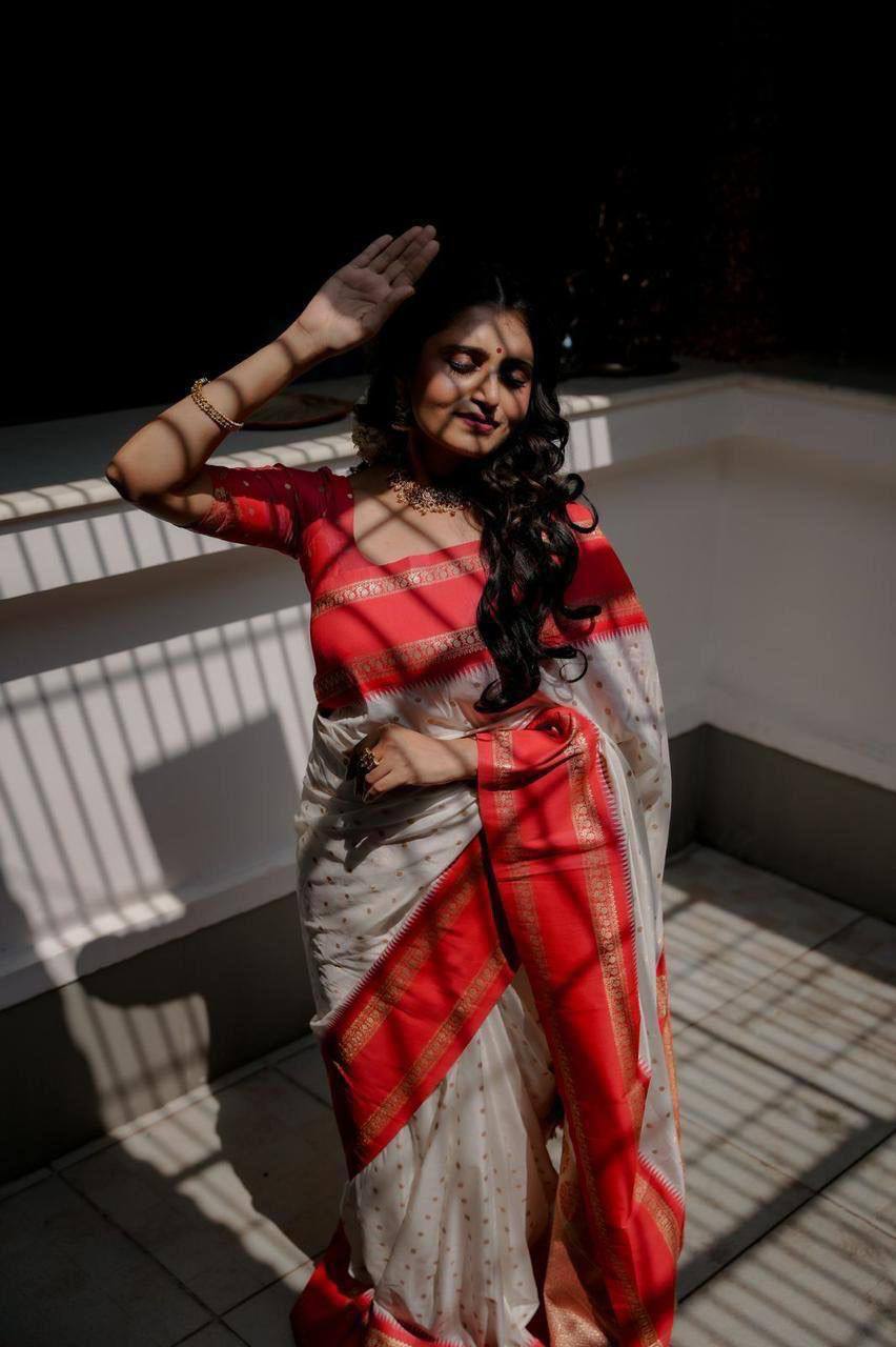 Traditional Kerala Kasavu Saree White with Red and Gold Border