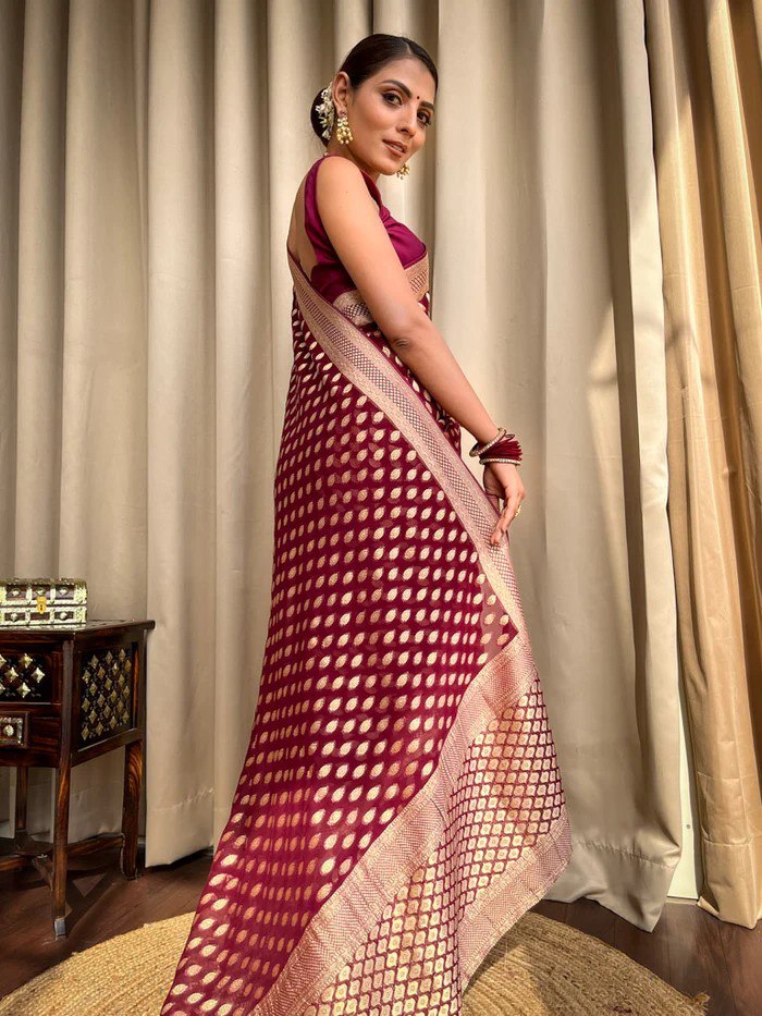 Maroon Banarasi Silk Saree with Golden Zari Weave and Contrast Blouse