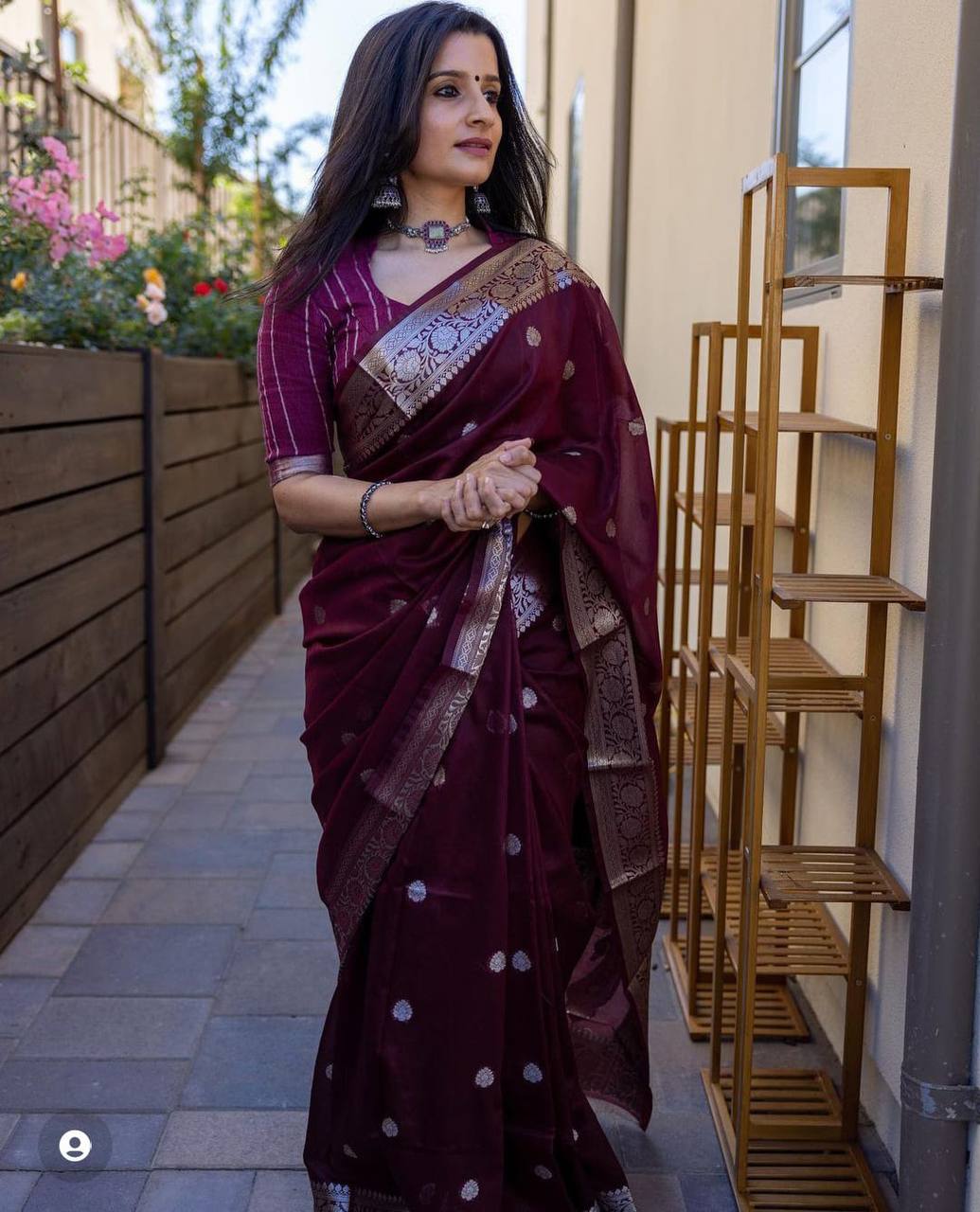 Deep Wine Banarasi Silk Saree with Zari Border and Blouse