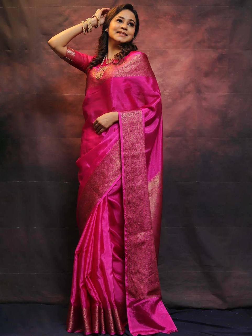 Vibrant Magenta Kanjivaram Silk Saree with Golden Zari Border